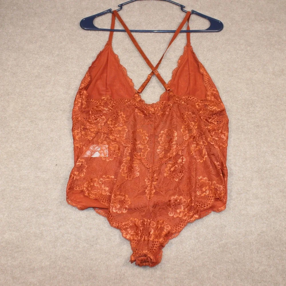 Avidlove Burnt Orange Floral Lace Bodysuit XL Sheer V-Neck Strappy Lingerie